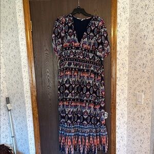 Blue and Red Puff Sleeve V-Neck Maxi Sundress